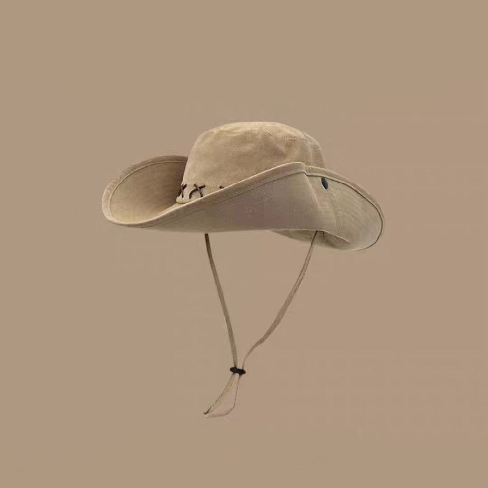 Breathable Western Cowboy Hat Adjustable Retro Wide Brim Sun Hat Mountaineering Anti UV Fisherman Sunshade Cap Unisex