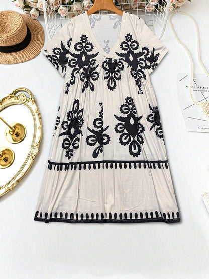 Plus size, women's fashionable short-sleeved V-neck dress, retro ethnic style fashion women's dress - elastic