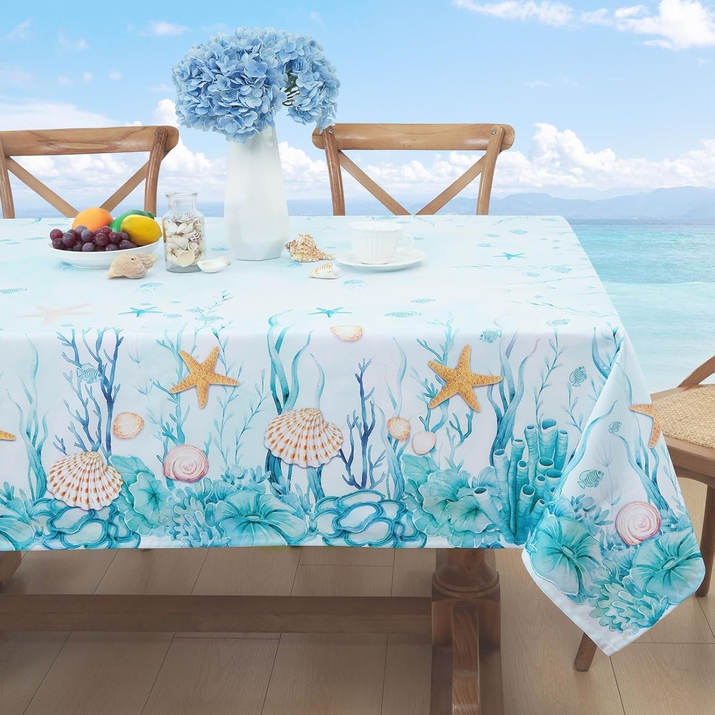 Ocean Nautical Coral Starfish Seashell Tablecloth Table Decor Waterproof Farmhouse Kitchen Dining Table Cloth Party Decoraitons