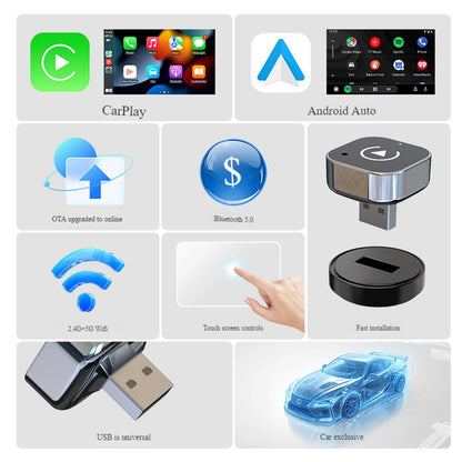 Adaptador Sem Fio CarPlay e Android Auto 2 em 1 Dongle USB Inteligente Wi-Fi BT Conexão Automática Caixa AI Plug and Play para Carros com CarPlay de Fábrica com Fio