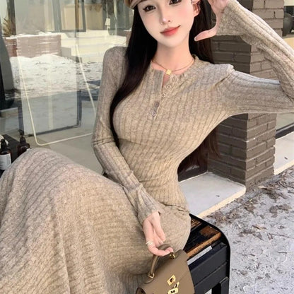 Long Sleeve Dresses Women Solid Slim Basic Mid-length All-match Elegant Autumn Winter Vestidos Female Defined Waist Knitting New