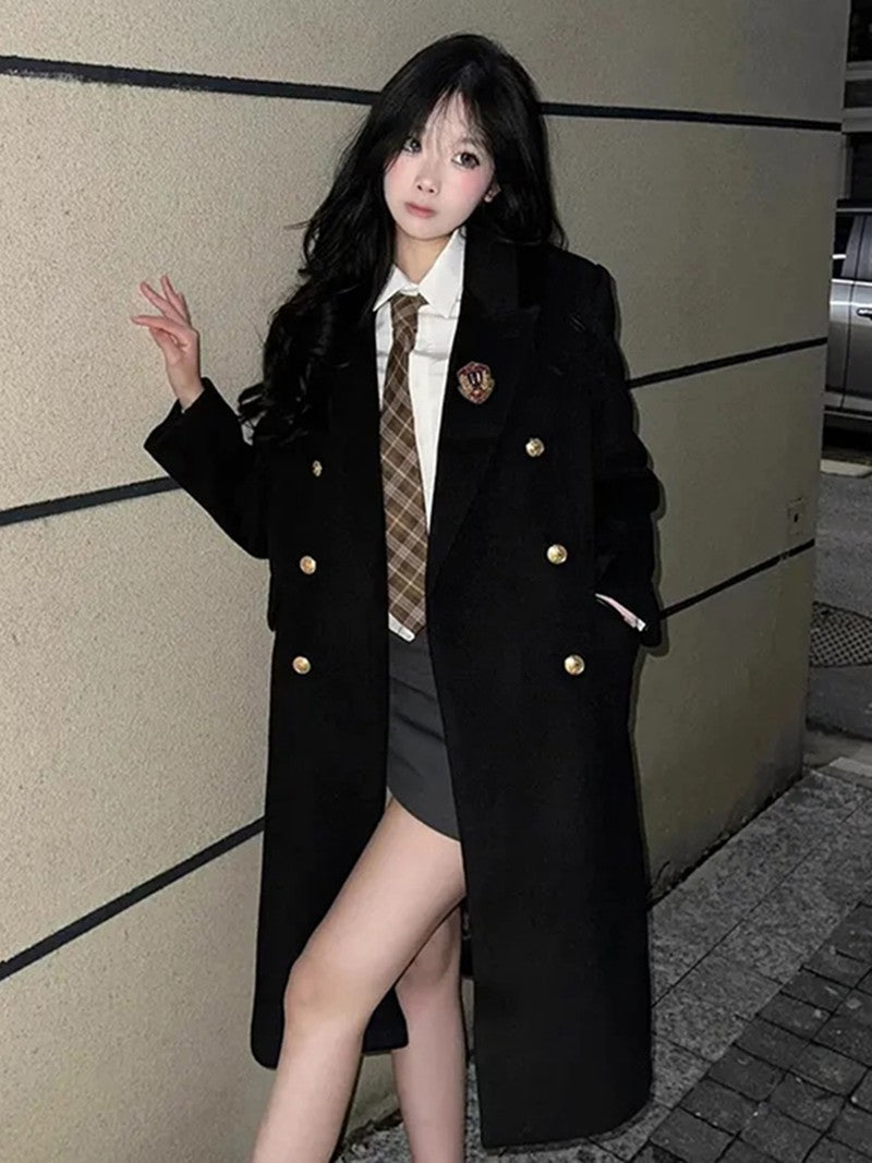 Jk Uniform Wool Coat Women Fashion Japanese Preppy Elegant Badge Black Midi Outwear Autumn Winter Sweet Long Sleeve Quilted Tops