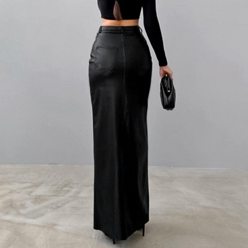 Women's Split Design Solid Color High Waist Pu Leather Skirt 2025 Spring Fall Office Lady Trendy Streetwear Long Skirts