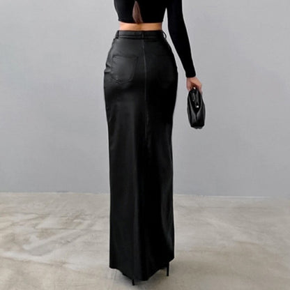 Women's Split Design Solid Color High Waist Pu Leather Skirt 2025 Spring Fall Office Lady Trendy Streetwear Long Skirts