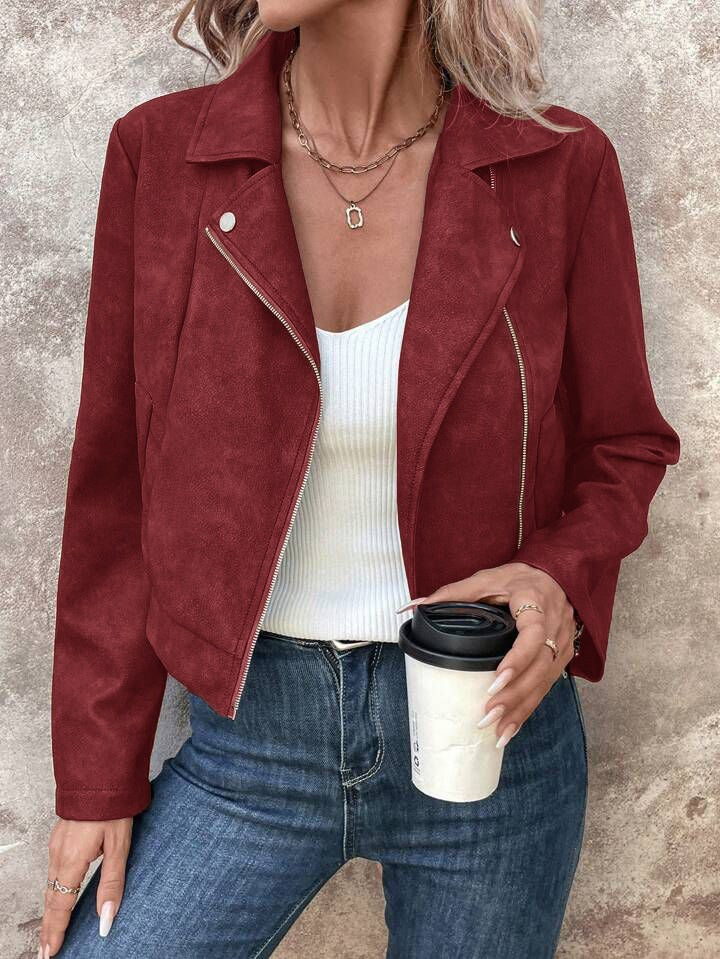 New Autumn Rose Red Women's Short Jacket, Zipper Closure, Lapel Collar, Fashionable Casual Coat.