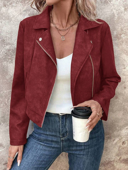 New Autumn Rose Red Women's Short Jacket, Zipper Closure, Lapel Collar, Fashionable Casual Coat.