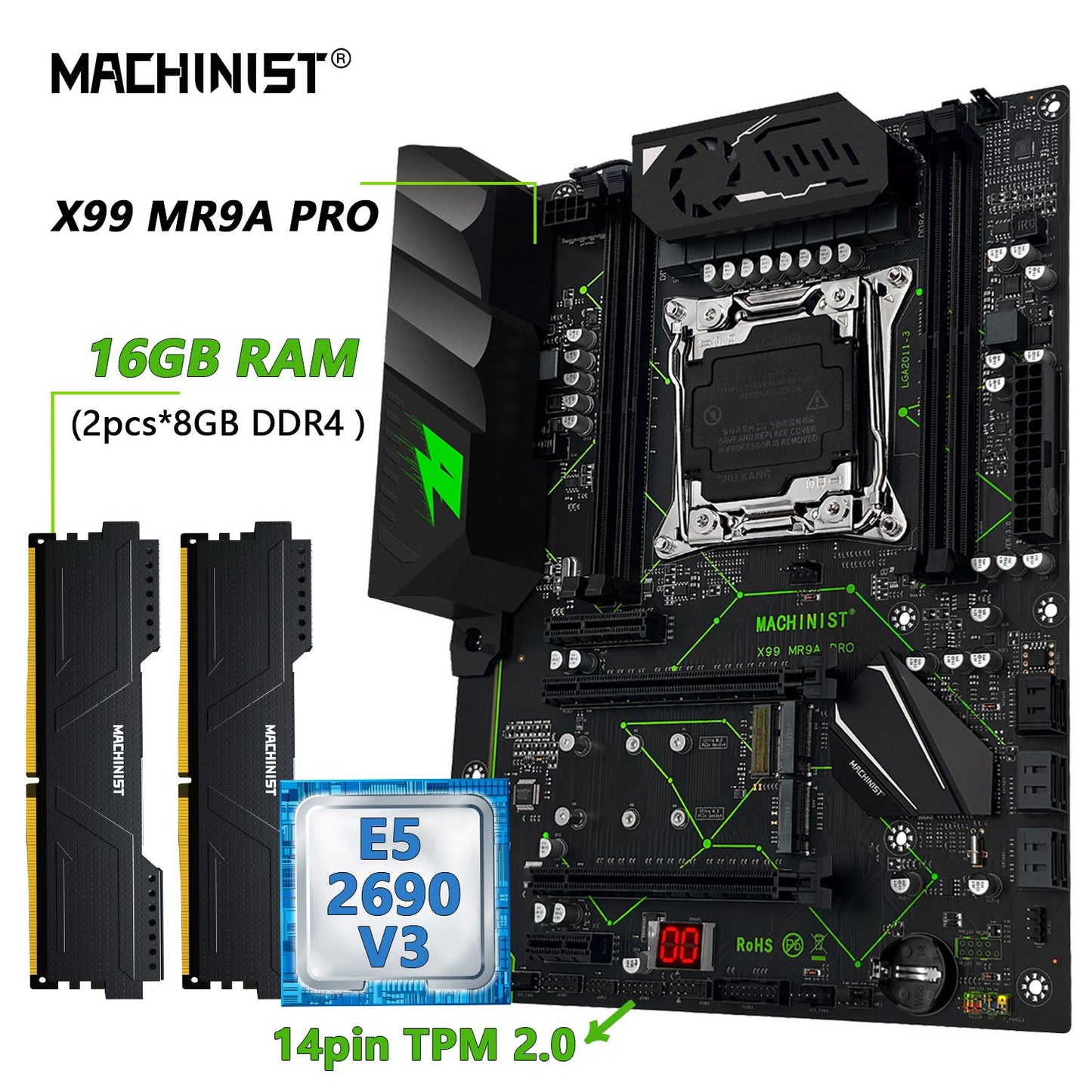 Kit Conjunto Placa Mãe MACHINIST MR9A PRO X99 LGA2011-3 CPU Xeon E5 2690 V3 Memória RAM DDR4 16GB (2*8GB) 2666MHz Combo TPM 2.0 Opcional