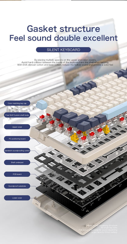 K8 100 Key Wireless Mechanical Keyboard Tri-mode Connection,Full Key Hot Swap,lighting Effects,Gasket Muffler Structure, Laptops