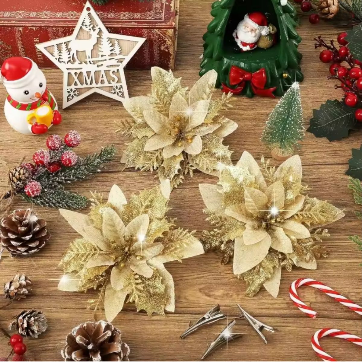 Large Glitter Artificial Christmas Flowers with Clips DIY Fake Flower Xmas Tree Ornaments for Home New Year Decoration Supplies
