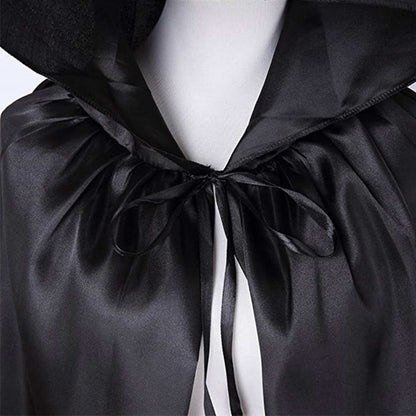 1 Piece of Halloween Cape with 3 Sizes Available. It is a black Grim Reaper cloak made of satin, featuring a stand-up collar