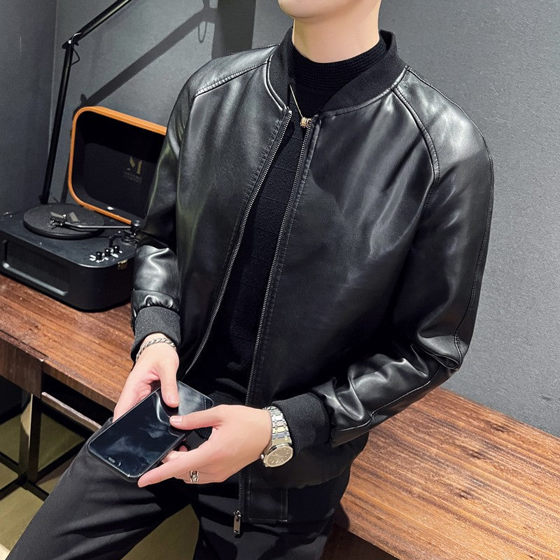 Men SprAutumn Thin Style Motorcycle Leather Jacket Fashionable Motorcycle Leather Jacket Fabric Soft Version Slim Simple Coat