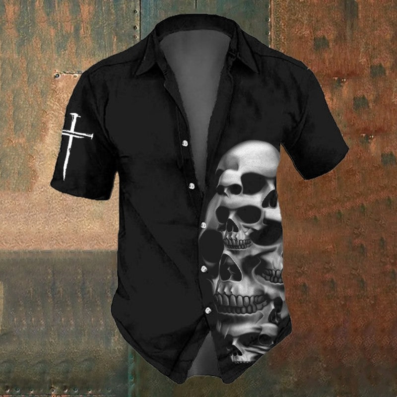3d Skull Icon Print Hawaiian Short Sleeve Shirt For Men Skull Shirts Retro Casual Black Man Shirts Loose Oversized T-Shirt 2024