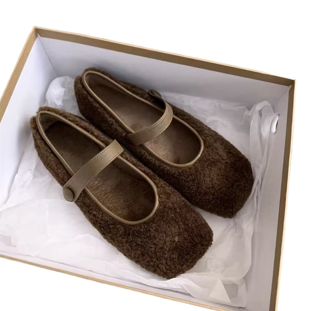 Square Toe Cosy Lambswool Ballet Flats Woman Warm Teddy Fur Mary Jane Shoes Ladies Brand Design Elegant Fluffy Plush Loafers