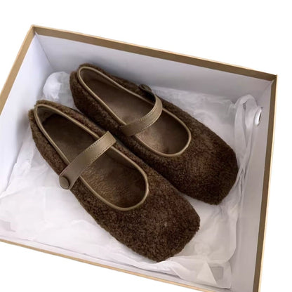 Square Toe Cosy Lambswool Ballet Flats Woman Warm Teddy Fur Mary Jane Shoes Ladies Brand Design Elegant Fluffy Plush Loafers