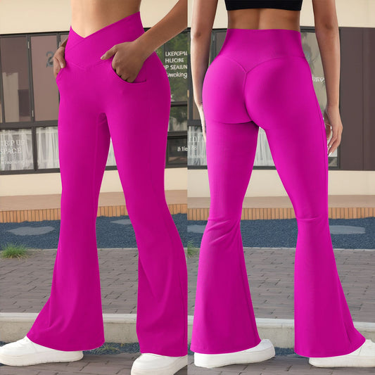 Women Ribbed Crossover Flare Leggings V Waist Slim Fit Yoga Pants with Pockets Workout Fitness Yoga Pants Flared Pants Female