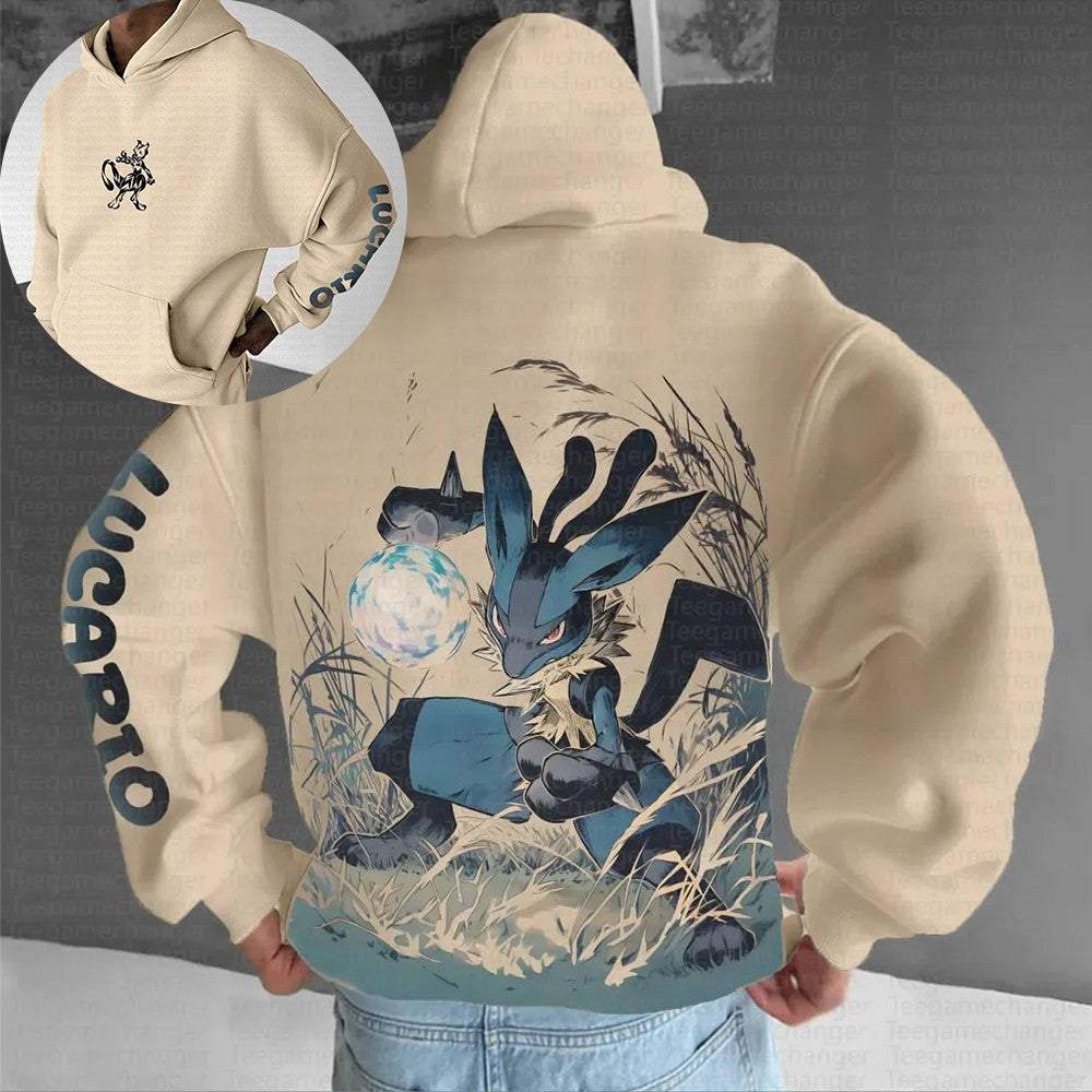 Beige Cotton Pokemon Hoodie Set with Lucario Character Back Print and Sleeve Text Design Long Sleeve Casual Outfit Unisex
