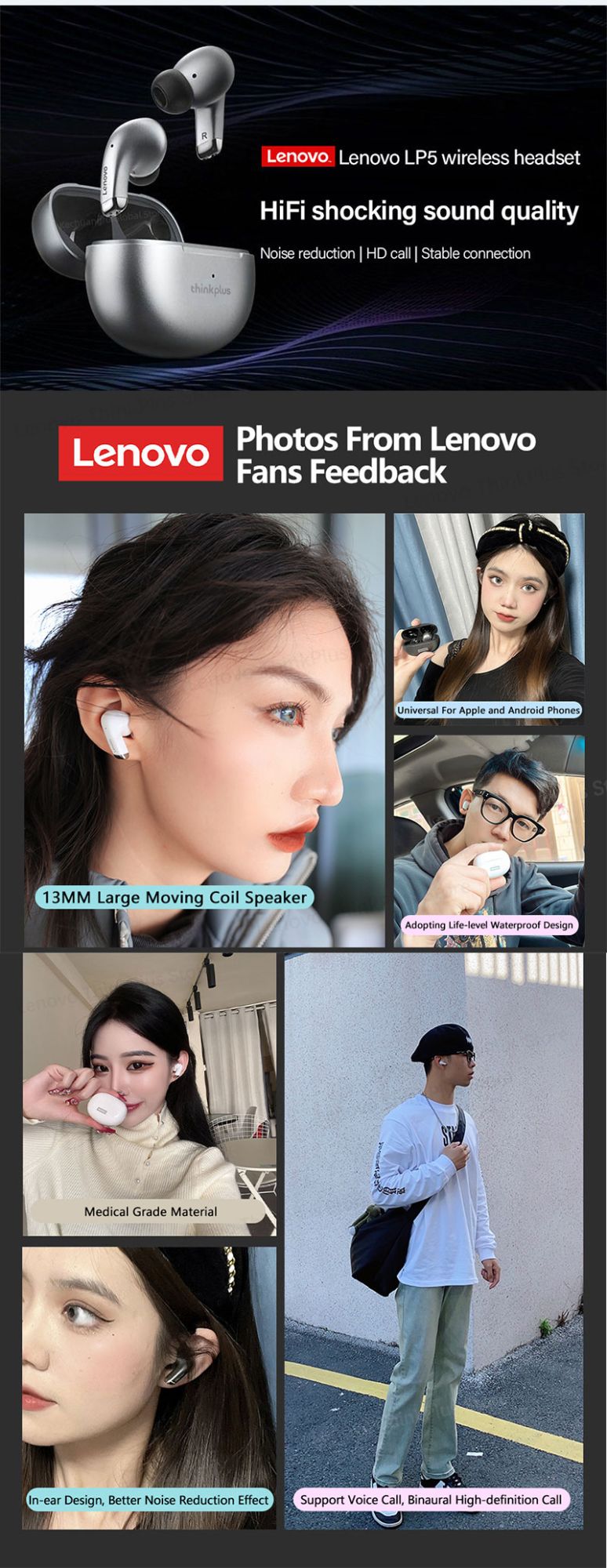 Lenovo LP5 TWS Bluetooth Earphone 9D Stereo HiFi Sports Waterproof Wireless Earbuds for iPhone 13 Xiaomi Bluetooth Headphones