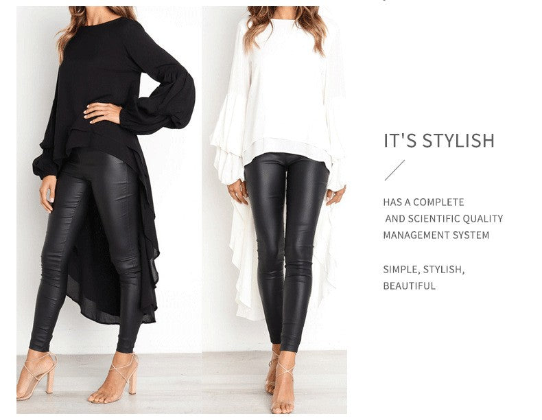 Elegant Solid Color Chiffon Shirts Women O Neck Lantern Sleeves Irregular Long Blouses Tops Temperament Lady Commuting Clothing