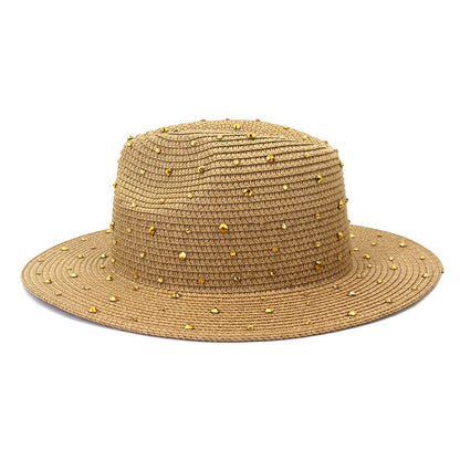 Hand made Diamond Straw Hat For Women's Summer Wide side Jazz Dress Cap Holiday Sun Protection Beach Hats