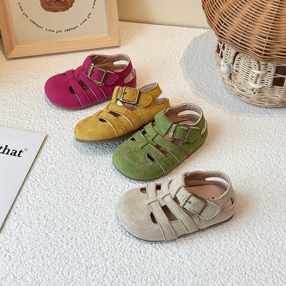 1-12Y Children's Sandals Toe Protect Boys Girls Summer New Candy Color Soft Sole Shoes Kids Casual Retro Flat Leather Sandals