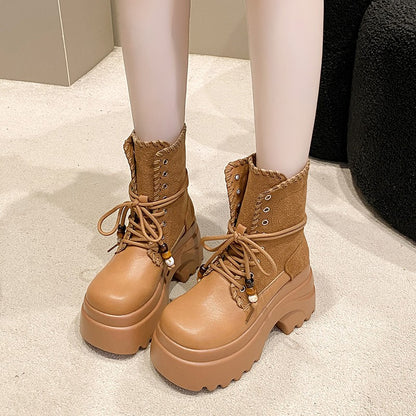 High Platform Women Motorcycle Boots 9CM Wedge Heels Walking Ankle Shoes New 2025 Autumn Winter Lace-up Modern Short Booties