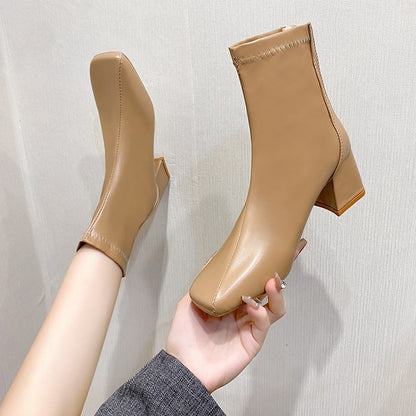 Casual Women's Thick Heel Medium Heel Boots Women's 2025 New Winter Square Toe Back Zipper Heightening Short Boots