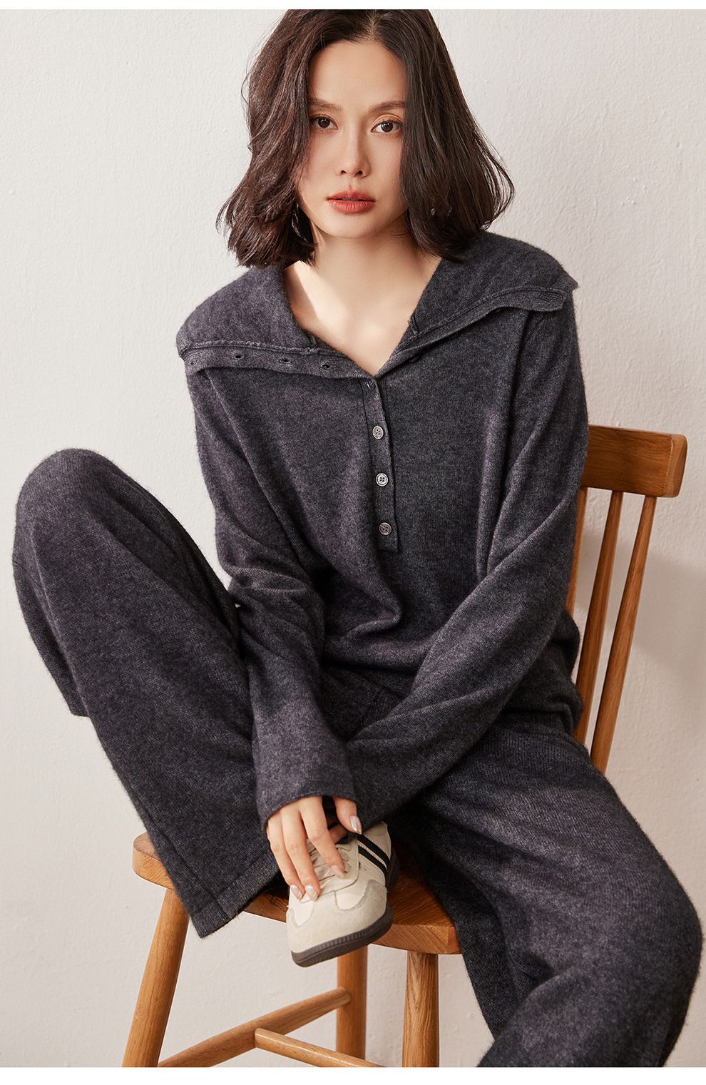 Autumn Winter New 100% Pure Cashmere Women Half Open Front Hoodie Set Knitted Two Piece Pullover Knitwear Wide Leg Pants