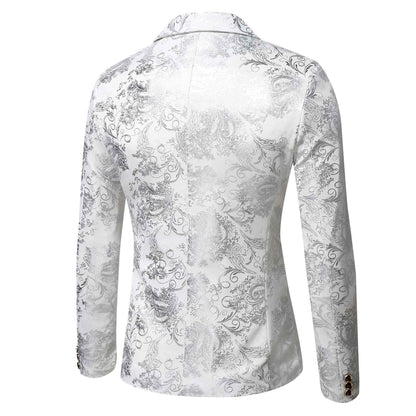 Men's Slim Fit Print Blazer Jacket 2025 Fashion Handsome Business Casual Silver Stage Show Suit Small Menswear