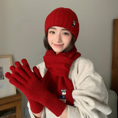 Embroidered Puppy Knitted Hat Scarf Gloves Three-Piece Set for Women Winter Warmth Earflap Beanie