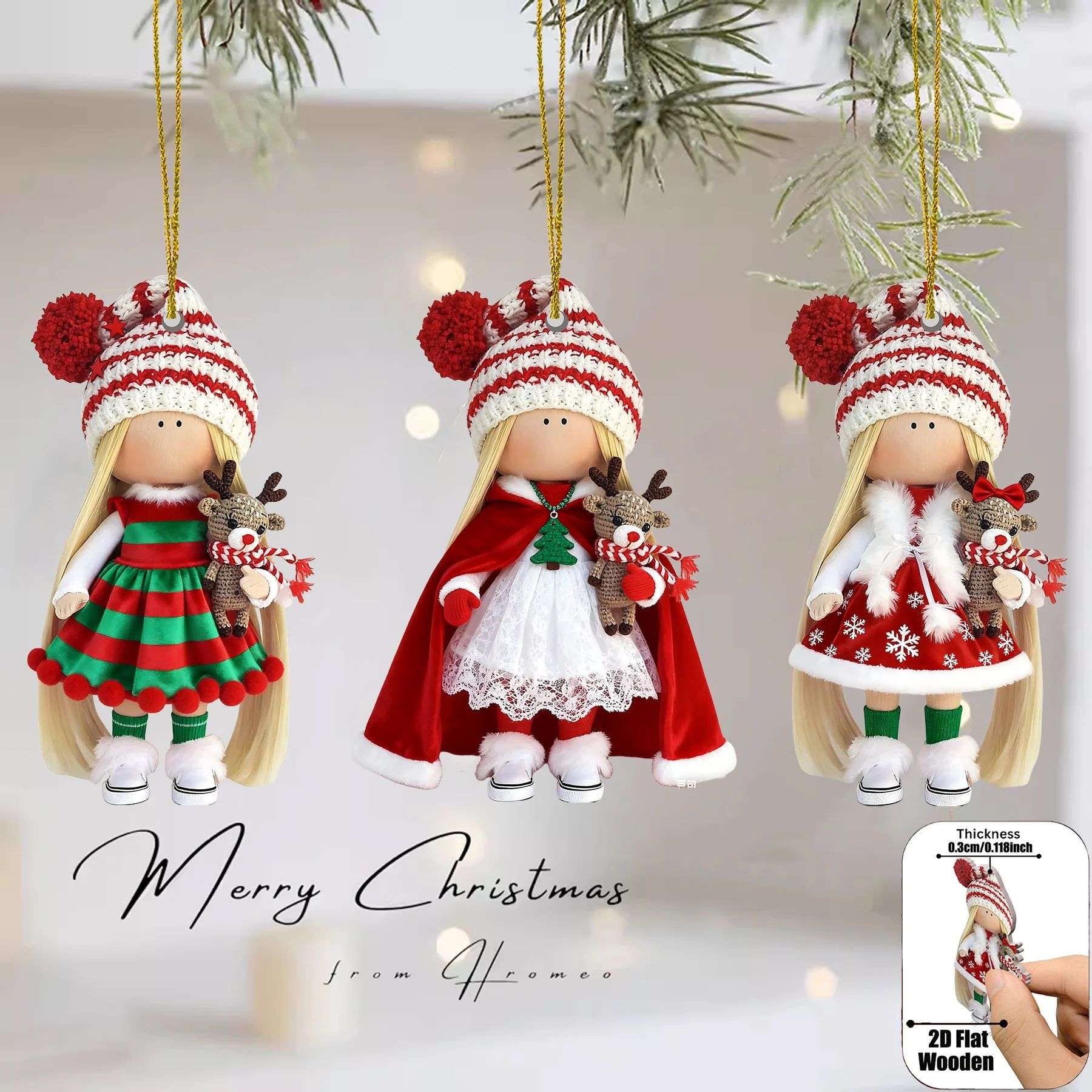 12Pcs Classic Long-haired Christmas Doll Design High-quality 2D Flat Wooden Pendant Christmas Doll Decoration for Christmas