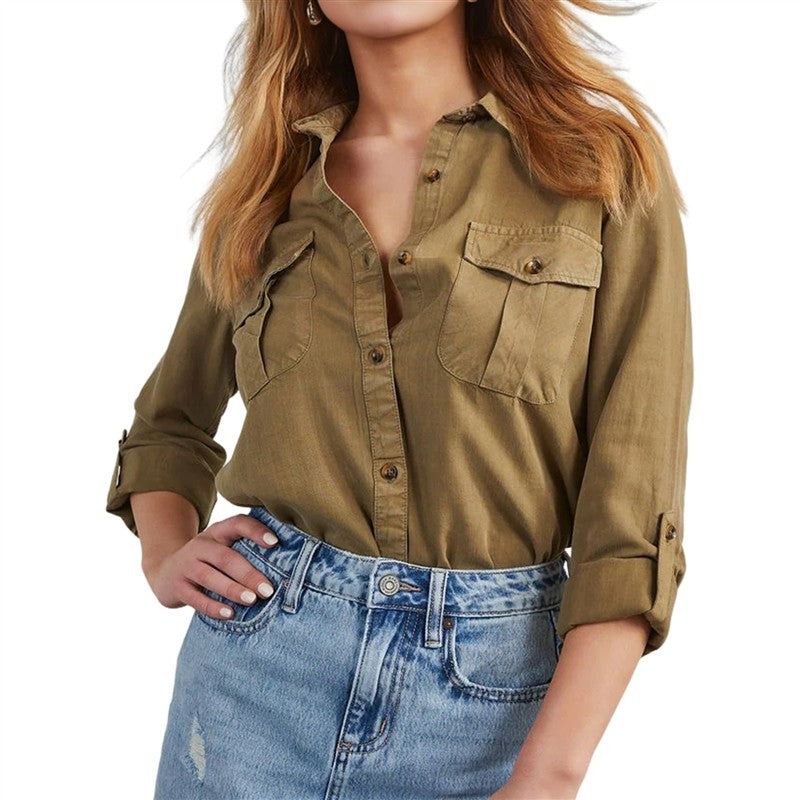 CGS-Women Double Pockets Spliced Decoration Denim Shirt Jacket Single-Breasted Lapel Casual Female Tops