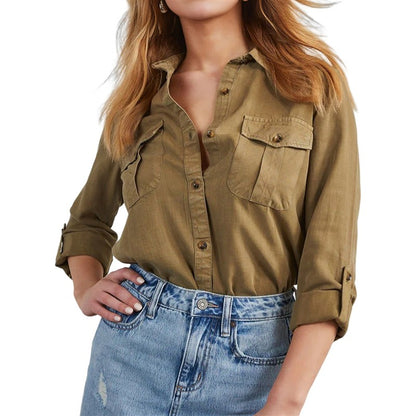 CGS-Women Double Pockets Spliced Decoration Denim Shirt Jacket Single-Breasted Lapel Casual Female Tops