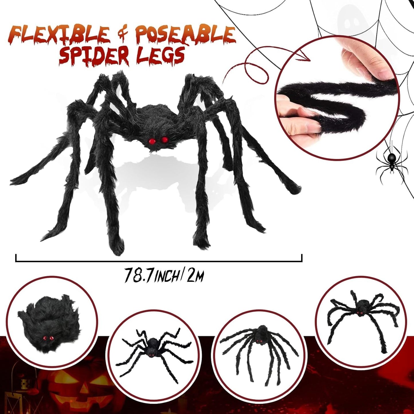 Giant Black Plush Spider Halloween Decoration 30-200cm Horror Haunted House Props Indoor Outdoor Party Scary Decor