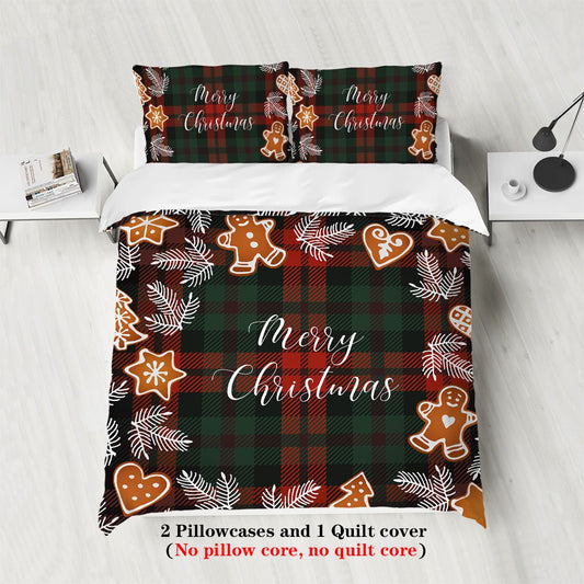 3-piece Christmas themed red checkered Christmas Happy English pattern print (1 duvet cover+2 pillowcases, no core) bedding set