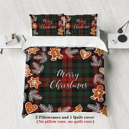 3-piece Christmas themed red checkered Christmas Happy English pattern print (1 duvet cover+2 pillowcases, no core) bedding set