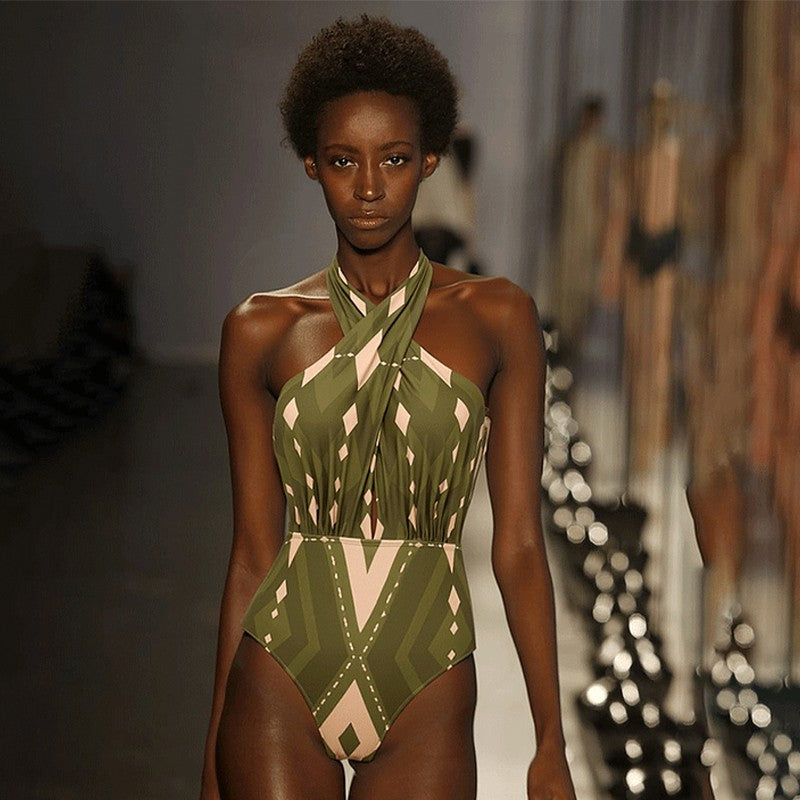 Women Bikini Push Up Swimsuit Halter Neck Geometric Pattern Print One Piece Swimsuit Backless Summer Swimwear Bathing Suit