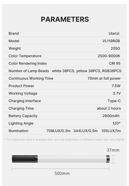 Ulanzi VL119 Handheld RGB Colorful Stick Light 19.68 inch Handheld LED Light Wand CRI 95+ 2500K-9000K Photography Studio Lamp