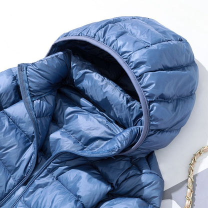 Hoody Long White Duck Down Coat Autumn Winter Portable Hooded Puffer Down Jacket Women Casual Double Zipper Windproof Thin Light