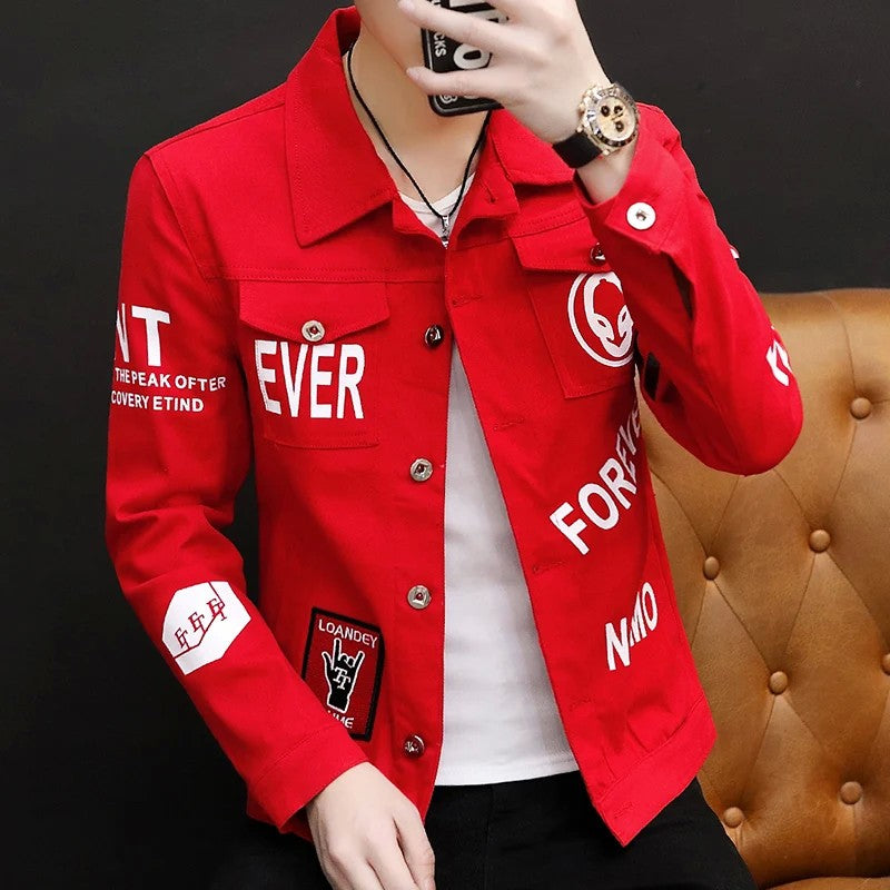 spring autumn New Men's Casual Cotton Denim Jacket Classic Style Fashion Slim Washed Retro Letter printing Jean Casual Coats