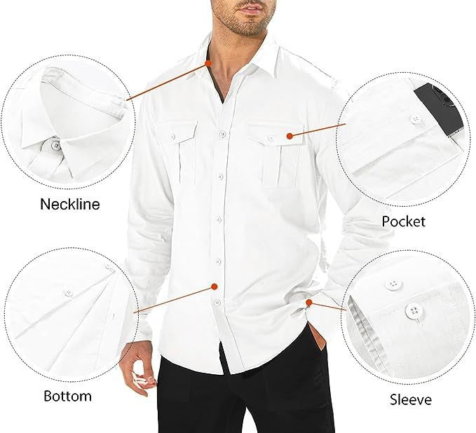 Business Men's Single-breasted Shirt Double Pocket Cotton Linen Long-sleeved Shirt Casual Vacation Shirt