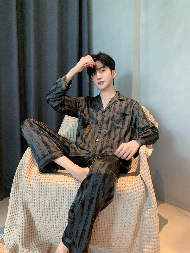 Large Size Ice Silk Men's Sleepwear 2025 New High-End V-Neck Thin Long Sleeved Two-Piece Set for Home Wear Youth Nightwear