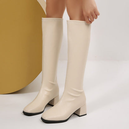 Winter Women Knee High Boots Cosy Soft Leather Thick Heel Shoes Female Vintage Slim Long Booties Zapatos De Muje