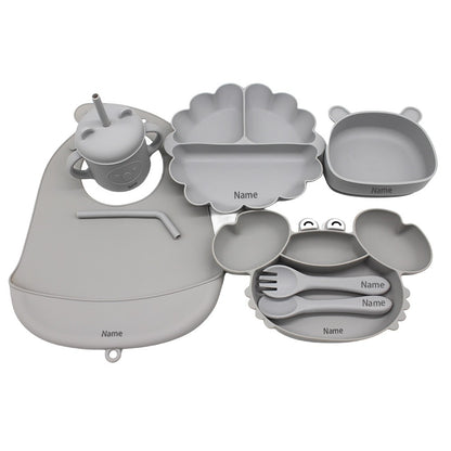Free Name Printing Children's Tableware Set: Bib, Plate, Cup, Fork & Spoon. Silicone Material. Personalized Gift.