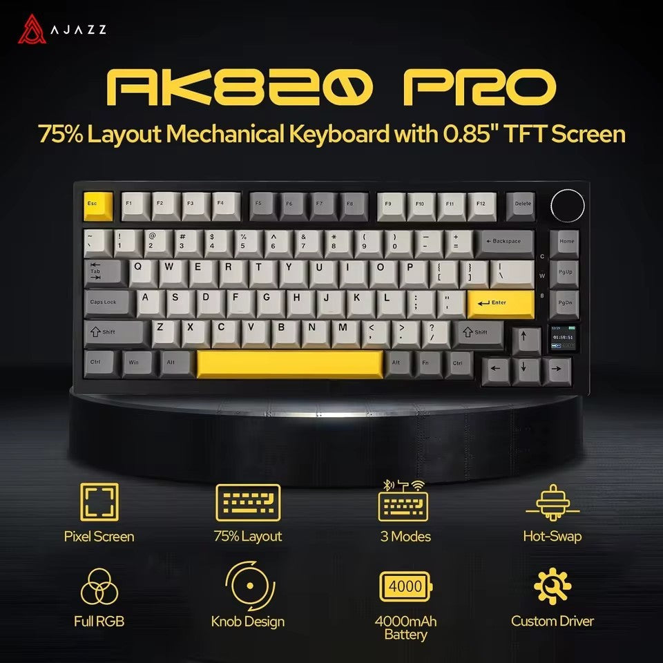 Teclado Gamer Ajazz AK820 Pro com Chave Magnética, Montagem Gasket, Bluetooth 5.1/Wireless 2.4G/USB-C com Fio, Tela TFT, para Mac/Windows