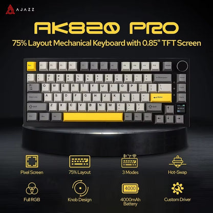 Teclado Gamer Ajazz AK820 Pro com Chave Magnética, Montagem Gasket, Bluetooth 5.1/Wireless 2.4G/USB-C com Fio, Tela TFT, para Mac/Windows