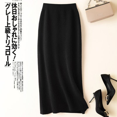 100% pure wool skirt new women's autumn and winter mid-length high-waisted thin cashmere skirt knitted all-match hip skirt