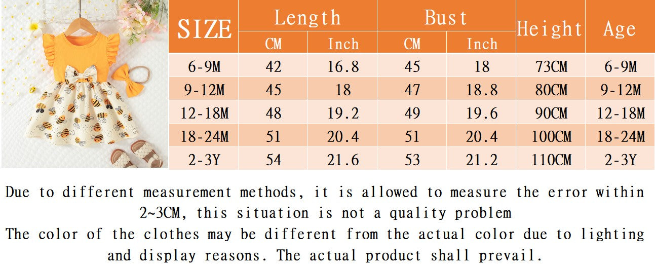 (0-3 Year Old Baby Girl Dress) Summer New Yellow Little Fly Sleeves Cute Bee Children'S Sleeveless Clothes+Bow Headband