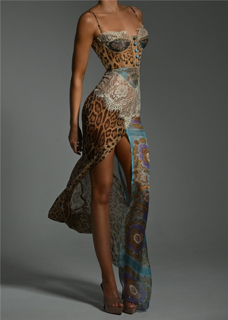 Mozision Leopard Print Lace Split Sexy Maxi Dress Women Gown Elegant Patchwork C