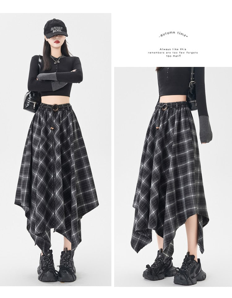 Women Skirt Plaid High Waisted Elastic A Line Mid Length Korean Style Fashion Retro Versatile Irregular Autumn Skirt
