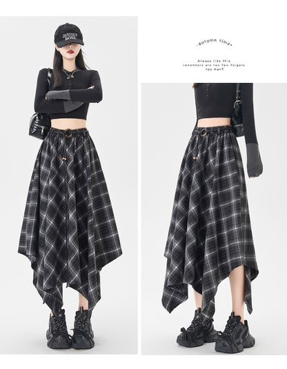 Women Skirt Plaid High Waisted Elastic A Line Mid Length Korean Style Fashion Retro Versatile Irregular Autumn Skirt